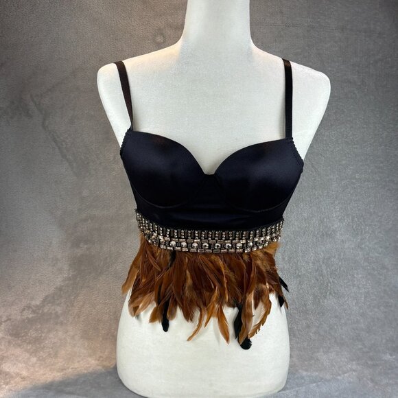 bebe Tops - Bebe Feathers Crop Trim Bustier XS Black Brown Rhinestone Embellished Bralette
